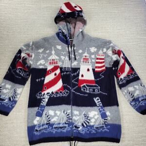 Artesanías Tuntaquimba Ecuador Wool Lighthouse Sweater Hoodie Nautical Knit L